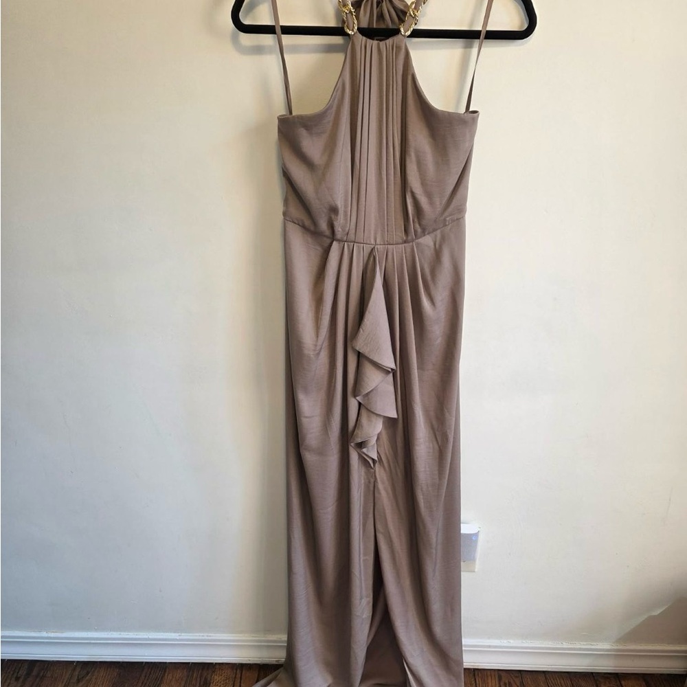 BCBGMaxAzria Taupe Halter Maxi Dress with Front Ruffle